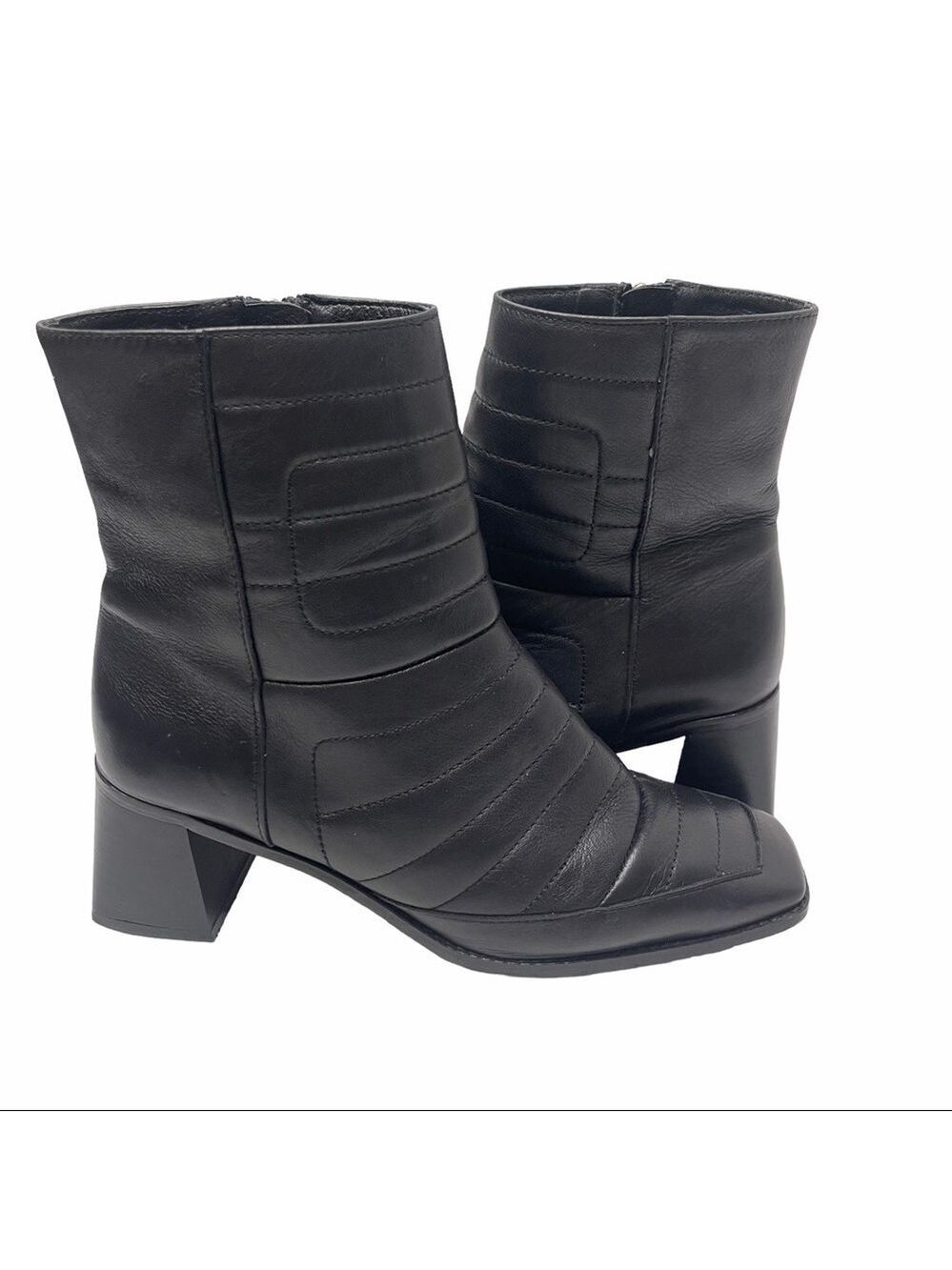 P'Intervalle Women's Black Leather Square Tip Quilted Ankle Boots Booties